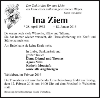 Traueranzeige von Ina Ziem  von Magdeburger Volksstimme