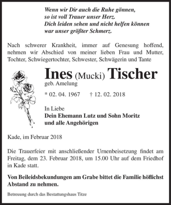Traueranzeige von Ines (Mucki) Tischer (geb. Amelung)  von Magdeburger Volksstimme