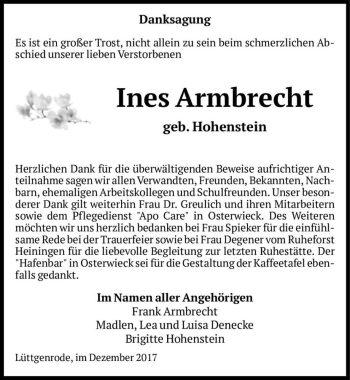 Traueranzeige von Ines Armbrecht (geb. Hohenstein)  von Magdeburger Volksstimme