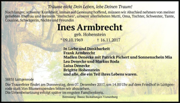 Traueranzeige von Ines Armbrecht (geb. Hohenstein)  von Magdeburger Volksstimme