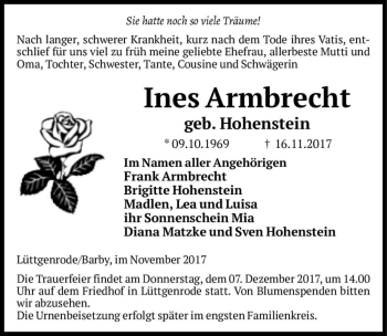 Traueranzeige von Ines Armbrecht (geb. Hohenstein)  von Magdeburger Volksstimme