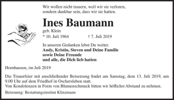 Traueranzeige von Ines Baumann (geb. Klein)  von Magdeburger Volksstimme
