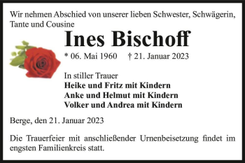 Traueranzeige von Ines Bischoff  von Magdeburger Volksstimme
