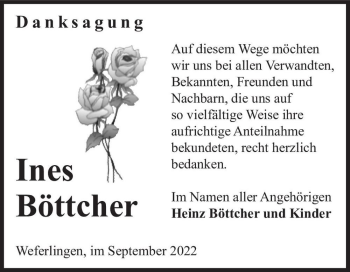Traueranzeige von Ines Böttcher  von Magdeburger Volksstimme