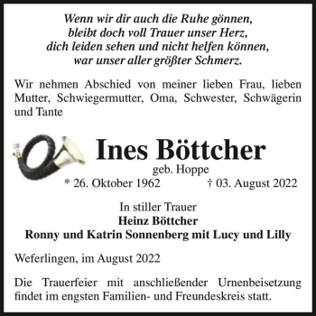 Traueranzeige von Ines Böttcher (geb. Hoppe)  von Magdeburger Volksstimme