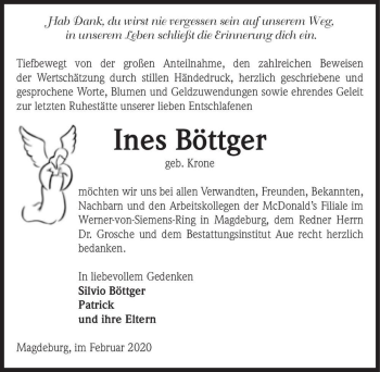 Traueranzeige von Ines Böttger (geb. Krone)  von Magdeburger Volksstimme