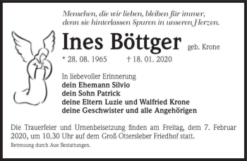 Traueranzeige von Ines Böttger (geb. Krone)  von Magdeburger Volksstimme