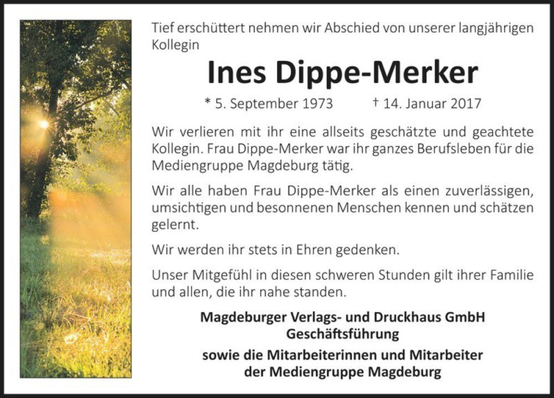  Traueranzeige für Ines Dippe-Merker  vom 24.01.2017 aus Magdeburger Volksstimme