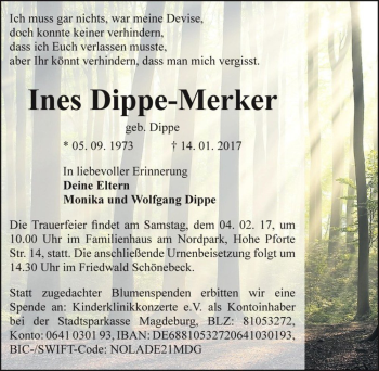 Traueranzeige von Ines Dippe-Merker (geb. Dippe)  von Magdeburger Volksstimme