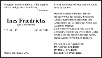 Traueranzeige von Ines Friedrichs (geb. Drebenstedt)  von Magdeburger Volksstimme
