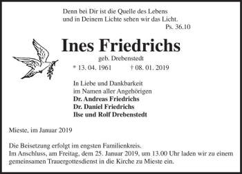 Traueranzeige von Ines Friedrichs (geb. Drebenstedt)  von Magdeburger Volksstimme