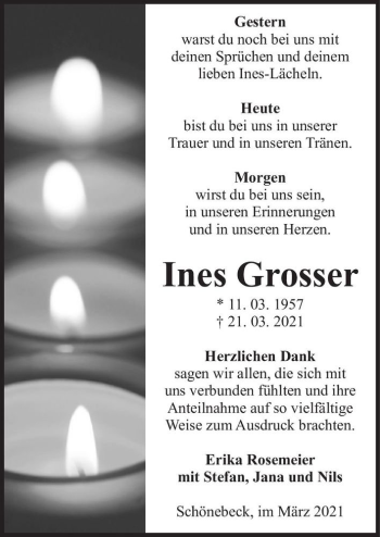 Traueranzeige von Ines Grosser  von Magdeburger Volksstimme