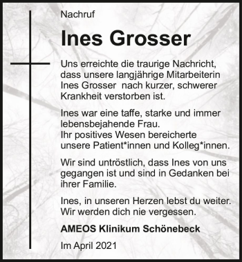 Traueranzeige von Ines Grosser  von Magdeburger Volksstimme