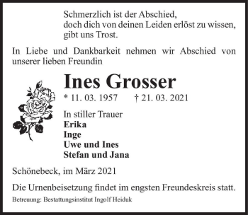 Traueranzeige von Ines Grosser  von Magdeburger Volksstimme