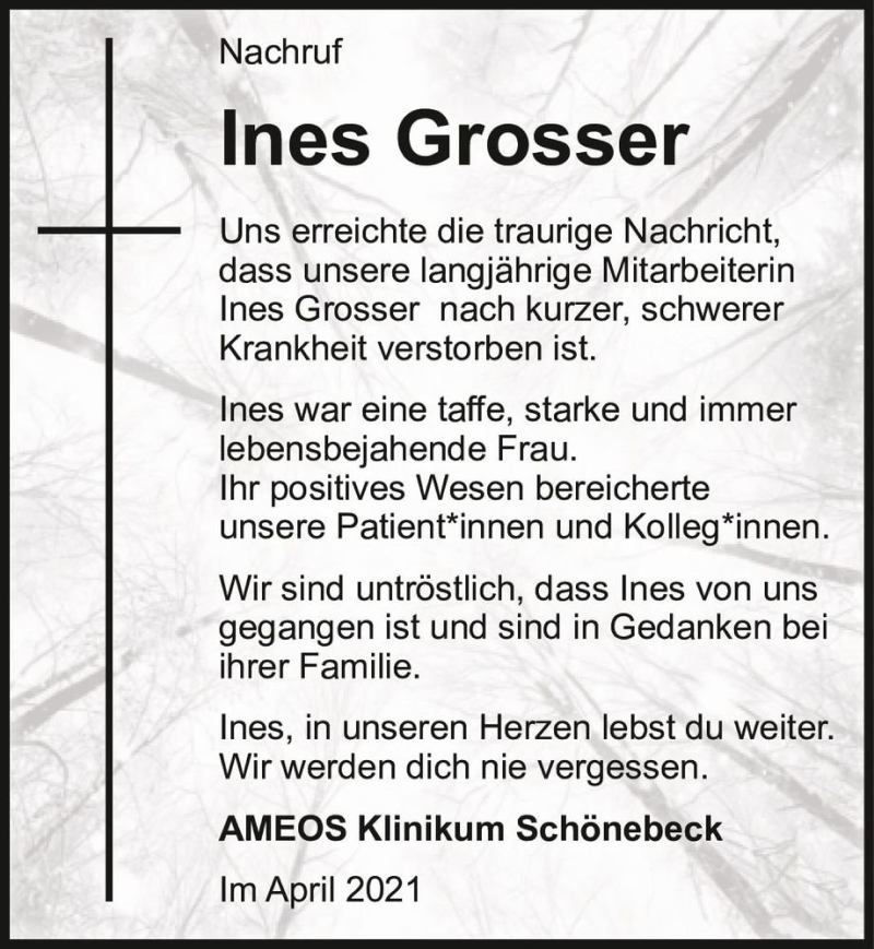  Traueranzeige für Ines Grosser  vom 15.04.2021 aus Magdeburger Volksstimme