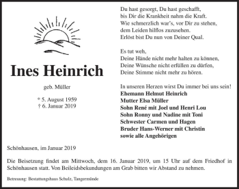 Traueranzeige von Ines Heinrich (geb. Müller)  von Magdeburger Volksstimme