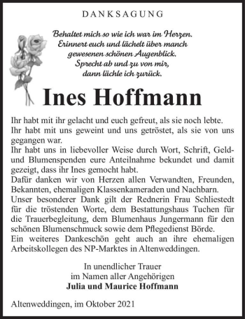 Traueranzeige von Ines Hoffmann  von Magdeburger Volksstimme
