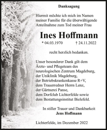 Traueranzeige von Ines Hoffmann  von Magdeburger Volksstimme