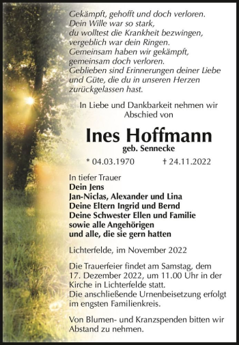 Traueranzeige von Ines Hoffmann (geb. Sennecke)  von Magdeburger Volksstimme