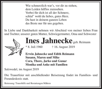 Traueranzeige von Ines Jahnecke (geb. Reimann)  von Magdeburger Volksstimme