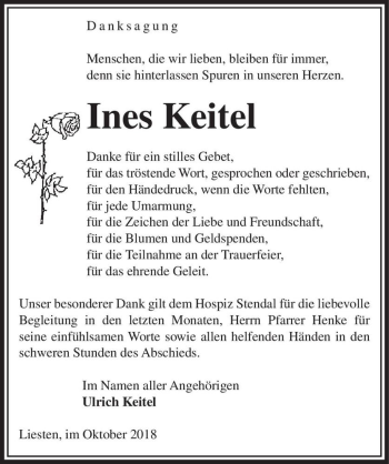 Traueranzeige von Ines Keitel  von Magdeburger Volksstimme