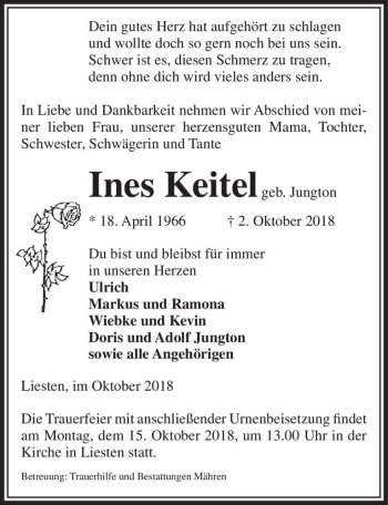 Traueranzeige von Ines Keitel (geb. Jungton)  von Magdeburger Volksstimme