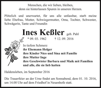 Traueranzeige von Ines Keßler (geb. Pahl)  von Magdeburger Volksstimme
