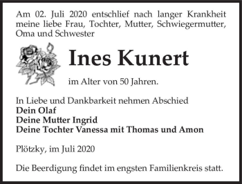 Traueranzeige von Ines Kunert  von Magdeburger Volksstimme