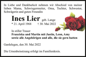 Traueranzeige von Ines Lier (geb. Lange)  von Magdeburger Volksstimme