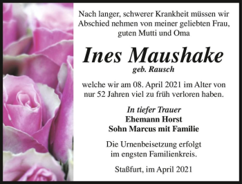 Traueranzeige von Ines Maushake (geb. Rausch)  von Magdeburger Volksstimme