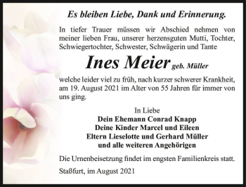 Traueranzeige von Ines Meier (geb. Müller)  von Magdeburger Volksstimme