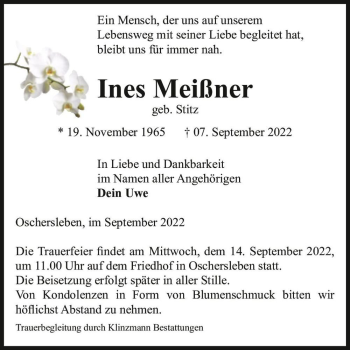 Traueranzeige von Ines Meißner (geb. Stitz)  von Magdeburger Volksstimme