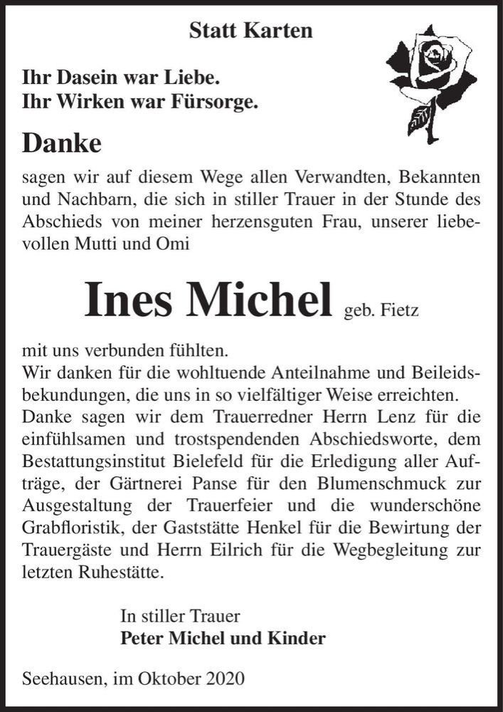  Traueranzeige für Ines Michel (geb. Fietz)  vom 21.10.2020 aus Magdeburger Volksstimme