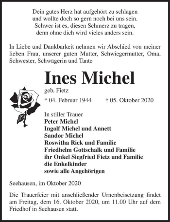 Traueranzeige von Ines Michel (geb. Fietz)  von Magdeburger Volksstimme