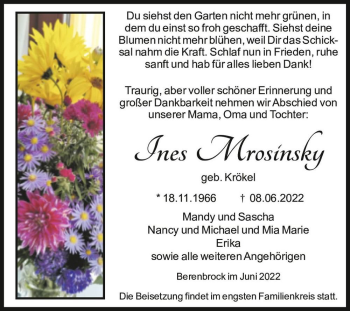 Traueranzeige von Ines Mrosínsky (geb. Krökel)  von Magdeburger Volksstimme
