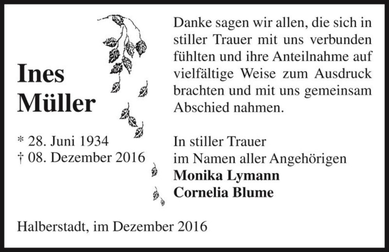  Traueranzeige für Ines Müller  vom 23.12.2016 aus Magdeburger Volksstimme