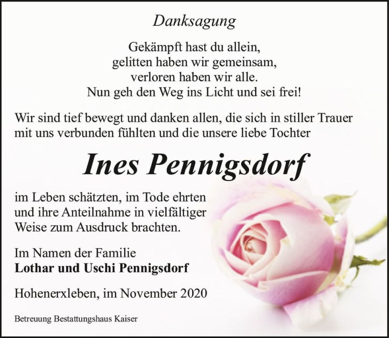  Traueranzeige für Ines Pennigsdorf  vom 14.11.2020 aus Magdeburger Volksstimme