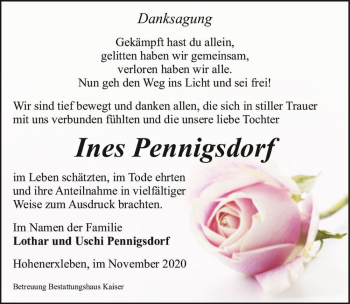 Traueranzeige von Ines Pennigsdorf  von Magdeburger Volksstimme