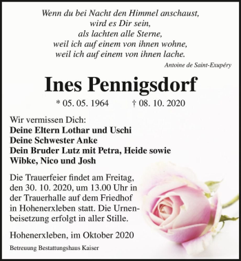 Traueranzeige von Ines Pennigsdorf  von Magdeburger Volksstimme