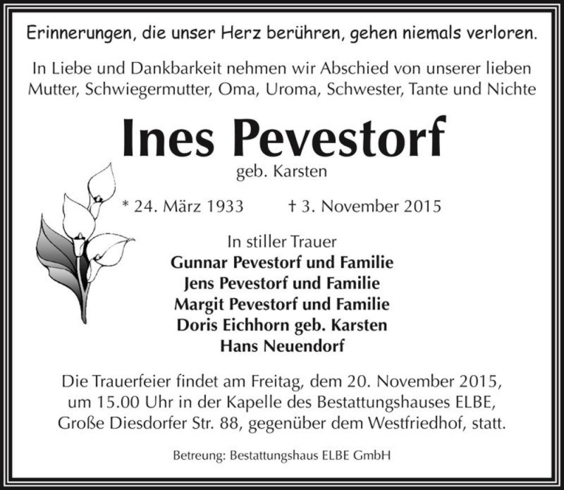  Traueranzeige für Ines Pevestorf (geb. Karsten)  vom 18.11.2015 aus Magdeburger Volksstimme