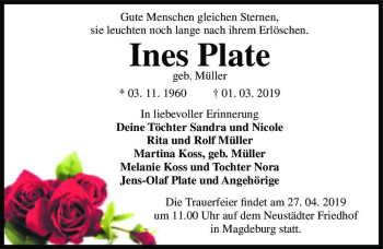 Traueranzeige von Ines Plate (geb. Müller)  von Magdeburger Volksstimme