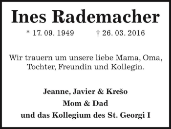 Traueranzeige von Ines Rademacher  von Magdeburger Volksstimme