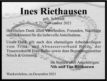 Traueranzeige von Ines Riethausen (geb. Schmidt)  von Magdeburger Volksstimme