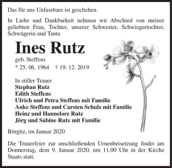 Traueranzeige von Ines Rutz (geb. Steffens)  von Magdeburger Volksstimme