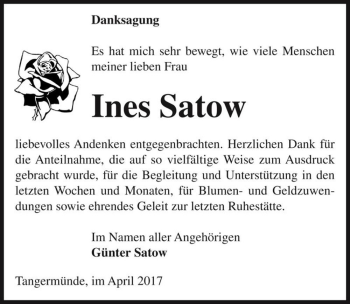 Traueranzeige von Ines Satow  von Magdeburger Volksstimme