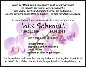 Traueranzeige von Ines Schmidt  von Magdeburger Volksstimme