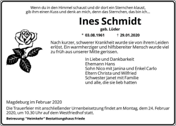 Traueranzeige von Ines Schmidt (geb. Lüder)  von Magdeburger Volksstimme
