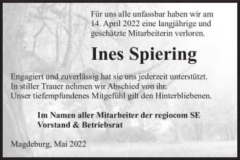 Traueranzeige von Ines Spiering  von Magdeburger Volksstimme