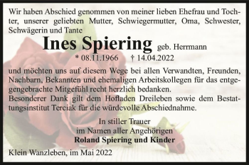Traueranzeige von Ines Spiering (geb. Hermann)  von Magdeburger Volksstimme