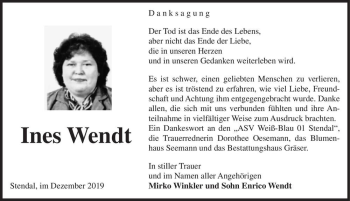 Traueranzeige von Ines Wendt  von Magdeburger Volksstimme